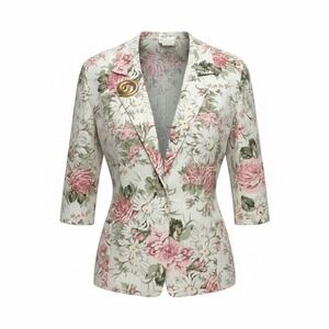 Alice Stuart Vintage Floral Blazer Pink Rose Linen Blend Jacket w/Gold Brooch L